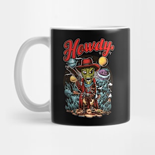 alien cowboy in the universe says howdy in vintage retro tattoo style. Mug